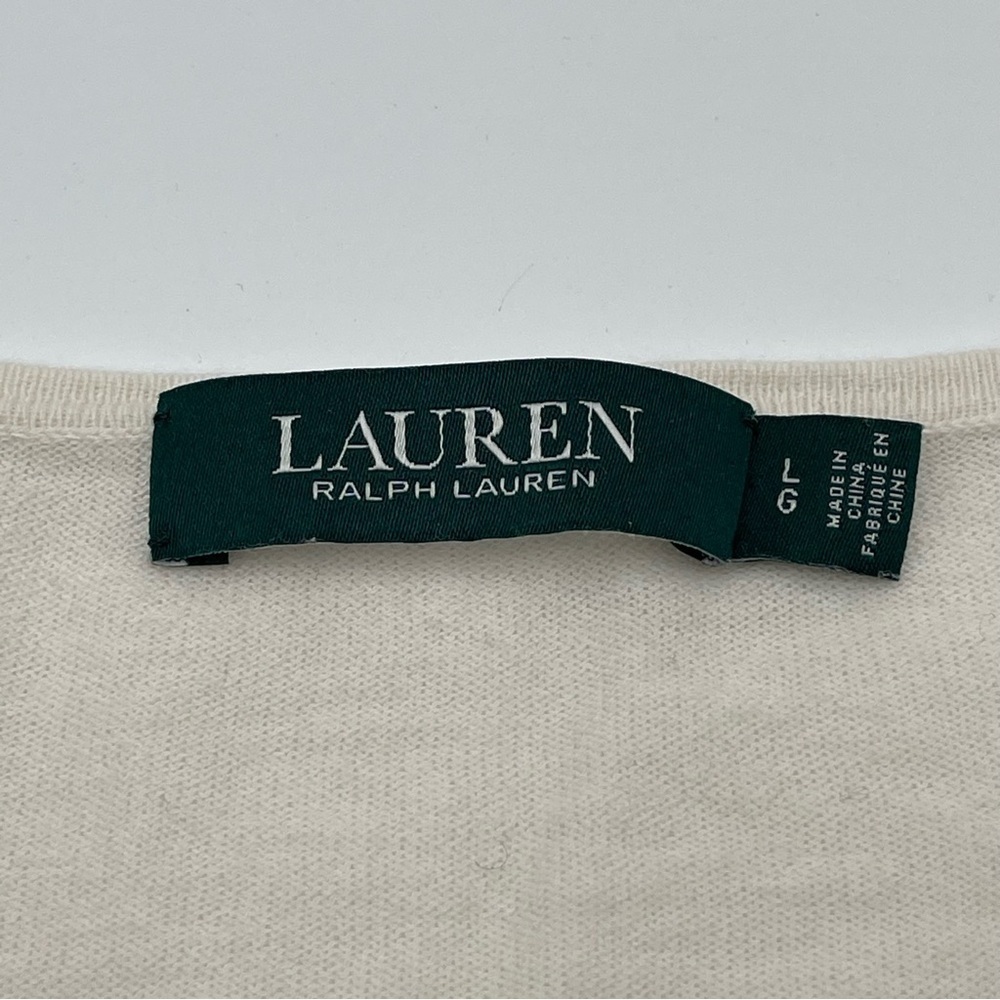 Lauren Ralph Lauren Button Cuff Sweater Women’s Large Ivory V-Neck Knit Cotton - Picture 9 of 10